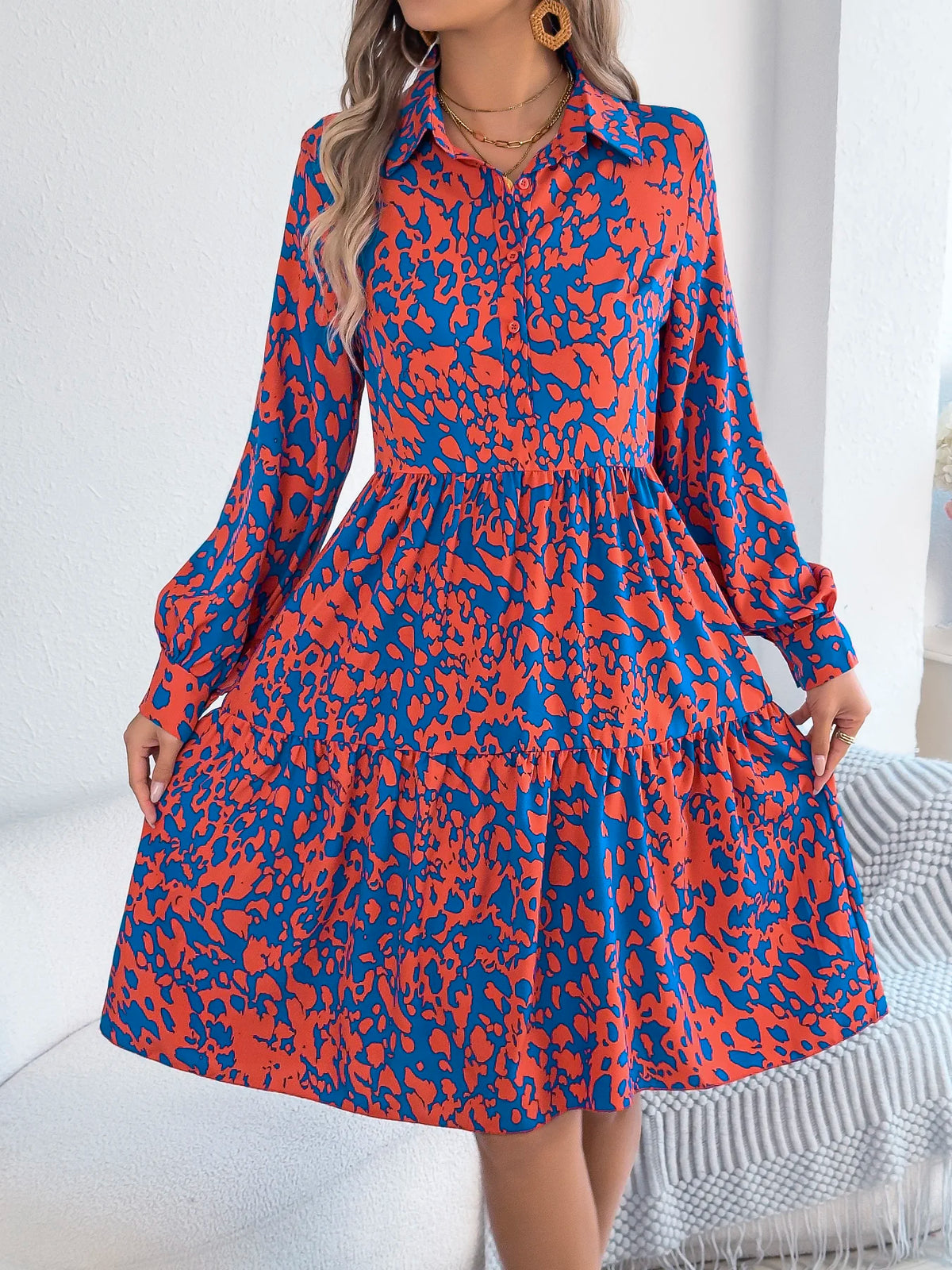 Spring Autumn Casual Vacation Single Breasted Turn Down Collar Long Sleeved Leopard Print Dresses for Women
