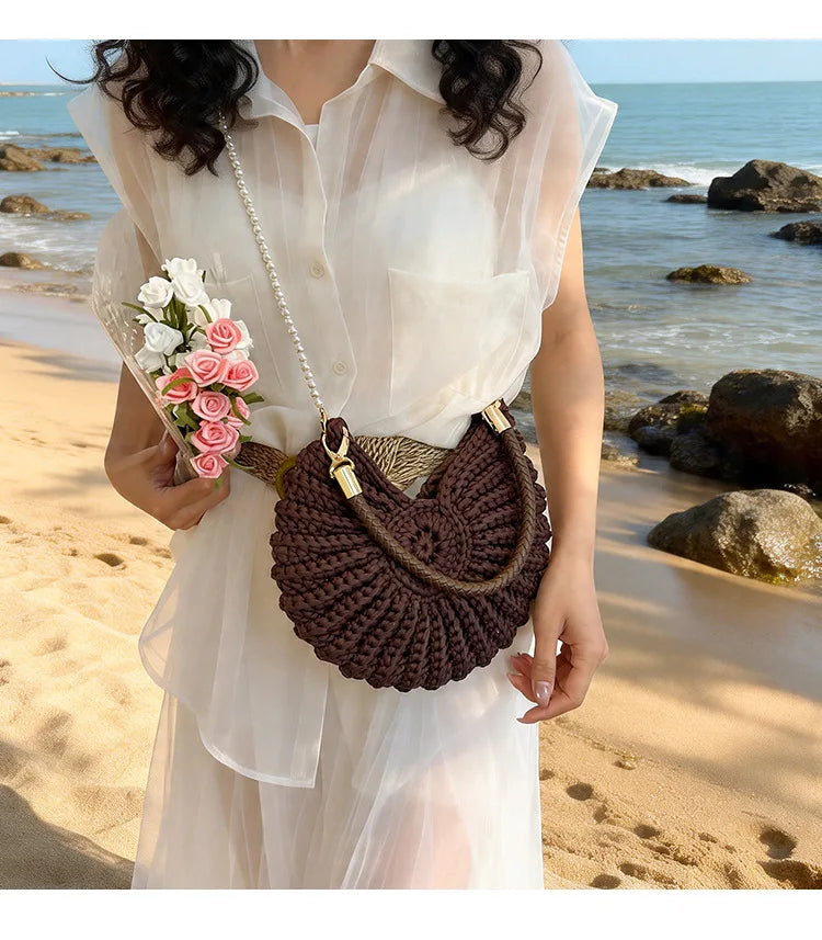 Handcrafted Shell Shaped Crossbody Bag Women's Beach Style Handbag City Simple Cotton Liner Soft round Shape Double Shoulder ...