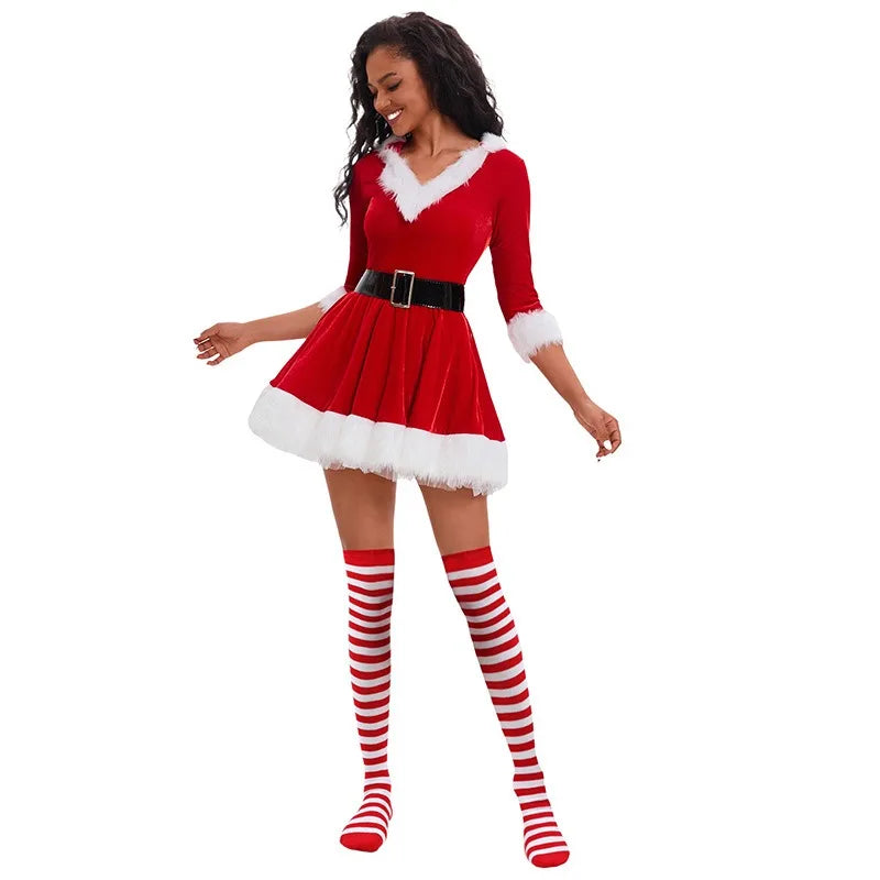 Christmas Party Costume Christmas Cosplay Dress with Black Belt