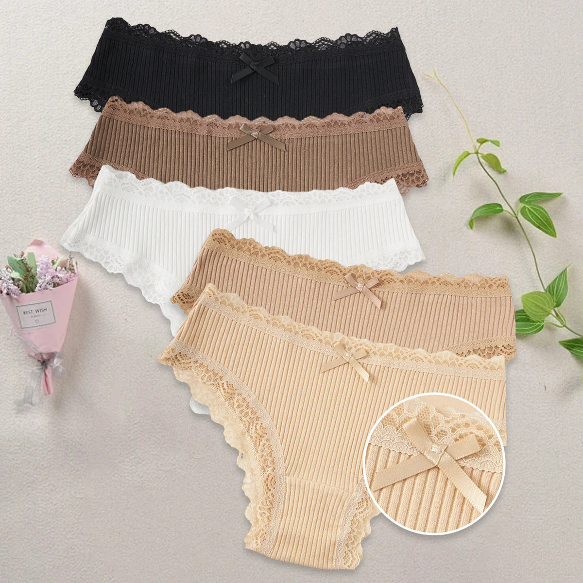 5PCS/Set Comfort Cotton Ribbed Panties Women Sexy Low Waist Briefs Seamless Underwear Lace Trim Bow Design Girls Pantys