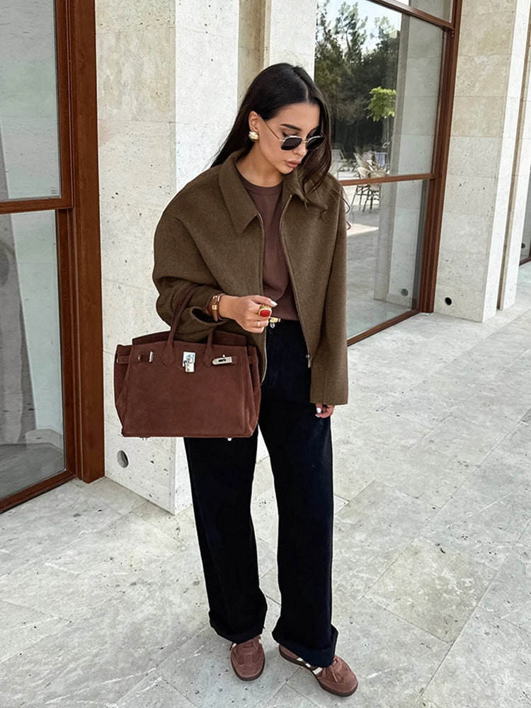 Elegant Women's Woolen Coat Zipper Long Sleeve Blazer Thick Warm Office Lady Tops 2026 Autumn Winter Fashion Short Streetwear