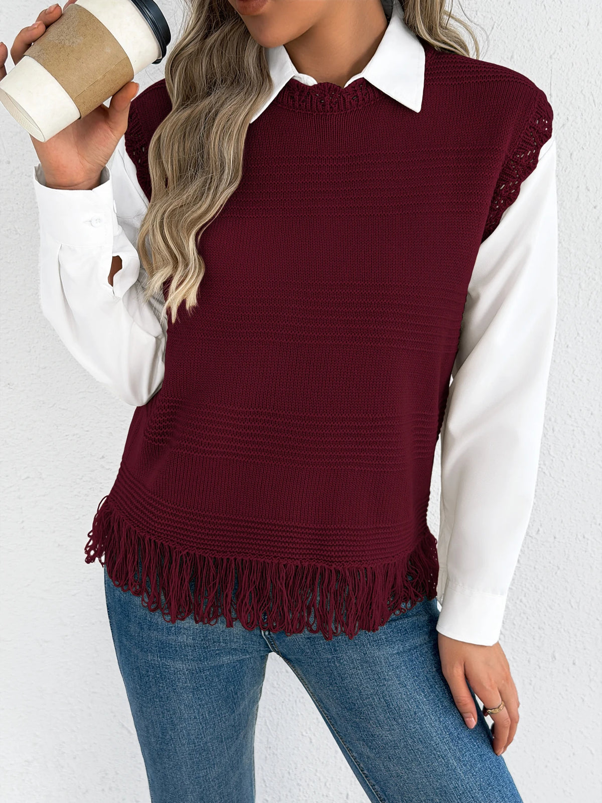 2026 Casual Round Neck Sleeveless Tassel Knit Sweater Vest for Spring Summer and Autumn Style Women Clothes Red Apricot Khaki