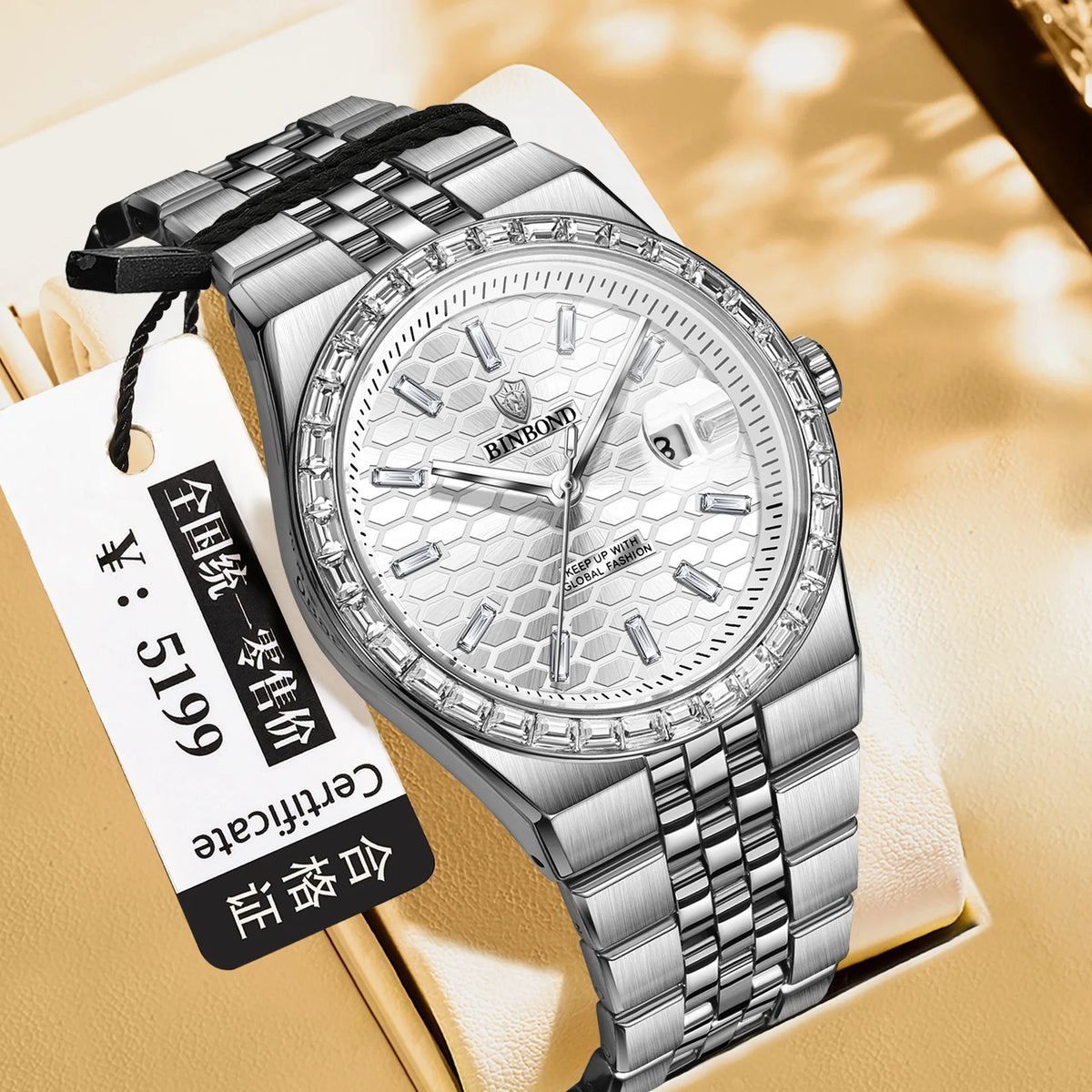 Brand Watch Men Business High end Diamond inlaid Calendar Stainless Steel Night Light Waterproof Male Fashion Quartz Clock Watch