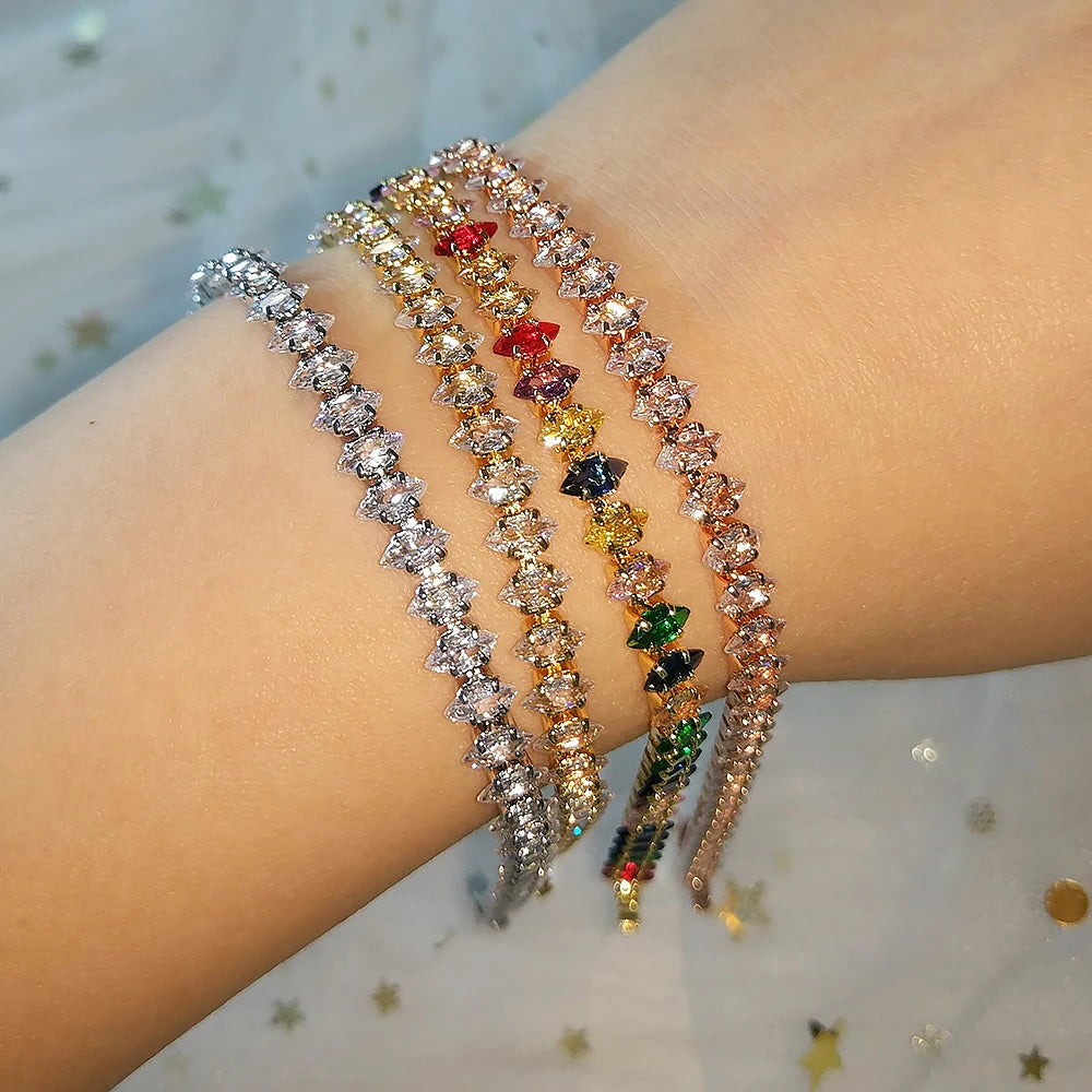 ZAKOL 2024 New Marquise Oval Square Cut Luxury Silver Color on Hand Tennis Bracelet Bangle for Women Party Jewelry Gift