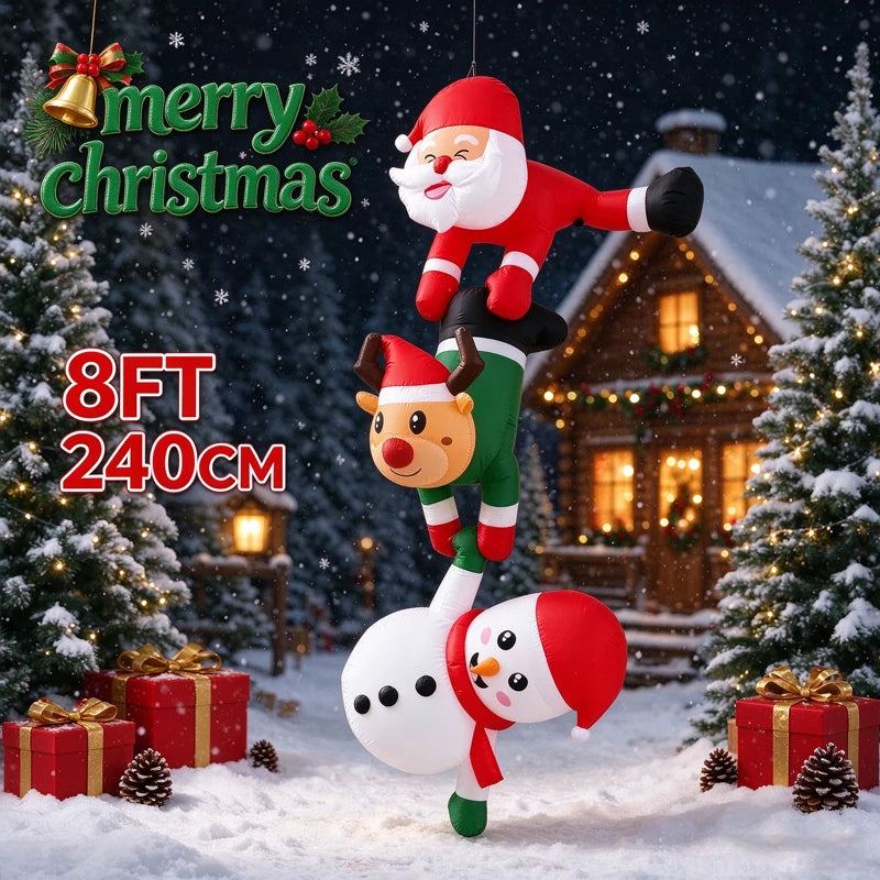 8FT Hanging Christmas Inflatable Stacked Santa Reindeer Snowman, Blow Up Xmas Hanging Ornament, Indoor Outdoor Christmas Holiday
