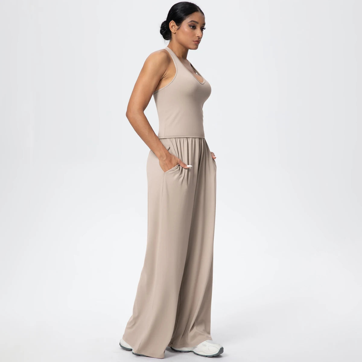 Breathable Loose Wide Leg Pants and Yoga Vest Set Solid Color High Stretch Pockets Pants Beautiful Back T-shaped Vest Yoga Suit