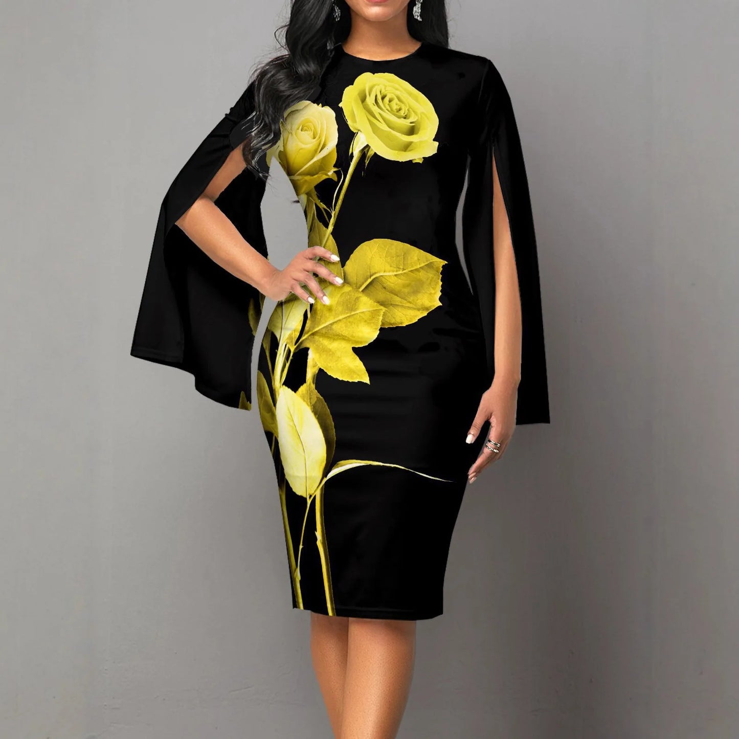 New Arrival Floral Print Office Midi Dress – Long Sleeve Pencil Style