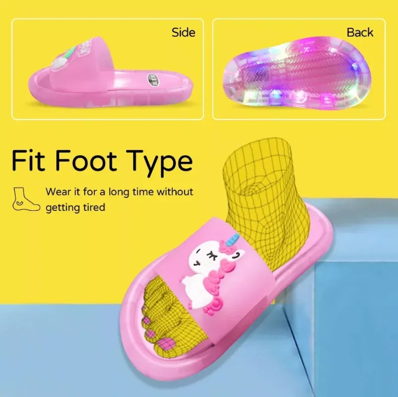 Kids Cartoon Unicorn Light-Up Slippers – Cute Animal Print Bathroom Shoes | شباشب أطفال برسومات يونيكورن وحيوانات – تضيء عند المشي، تصميم لطيف للحمام