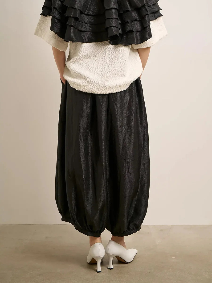 Women's Shiny Satin Solid Loose Fit Lantern Pants Elastic Waist Trousers Casual High Waist Commute Puffy Balloon Streetwear
