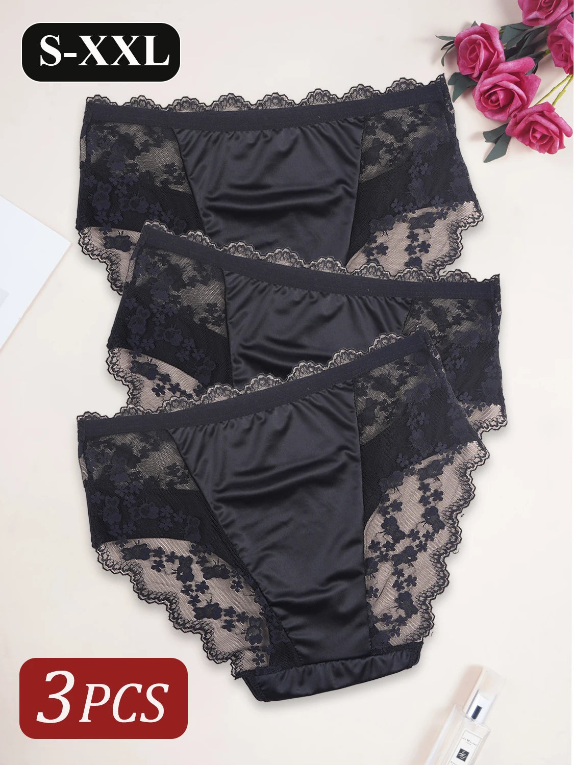 3PCS Black Lace Seamless Satin Underwear Elegant Women's Panties Hollow Out Lace Floral Design Sexy Briefs Breathable Lingerie