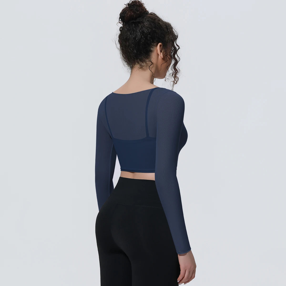 Woman Sports Yoga Long Sleeves Workout Top Solid Color False Two-piece Mesh Running Shirts with Chest Pad Summer Long Sleeves