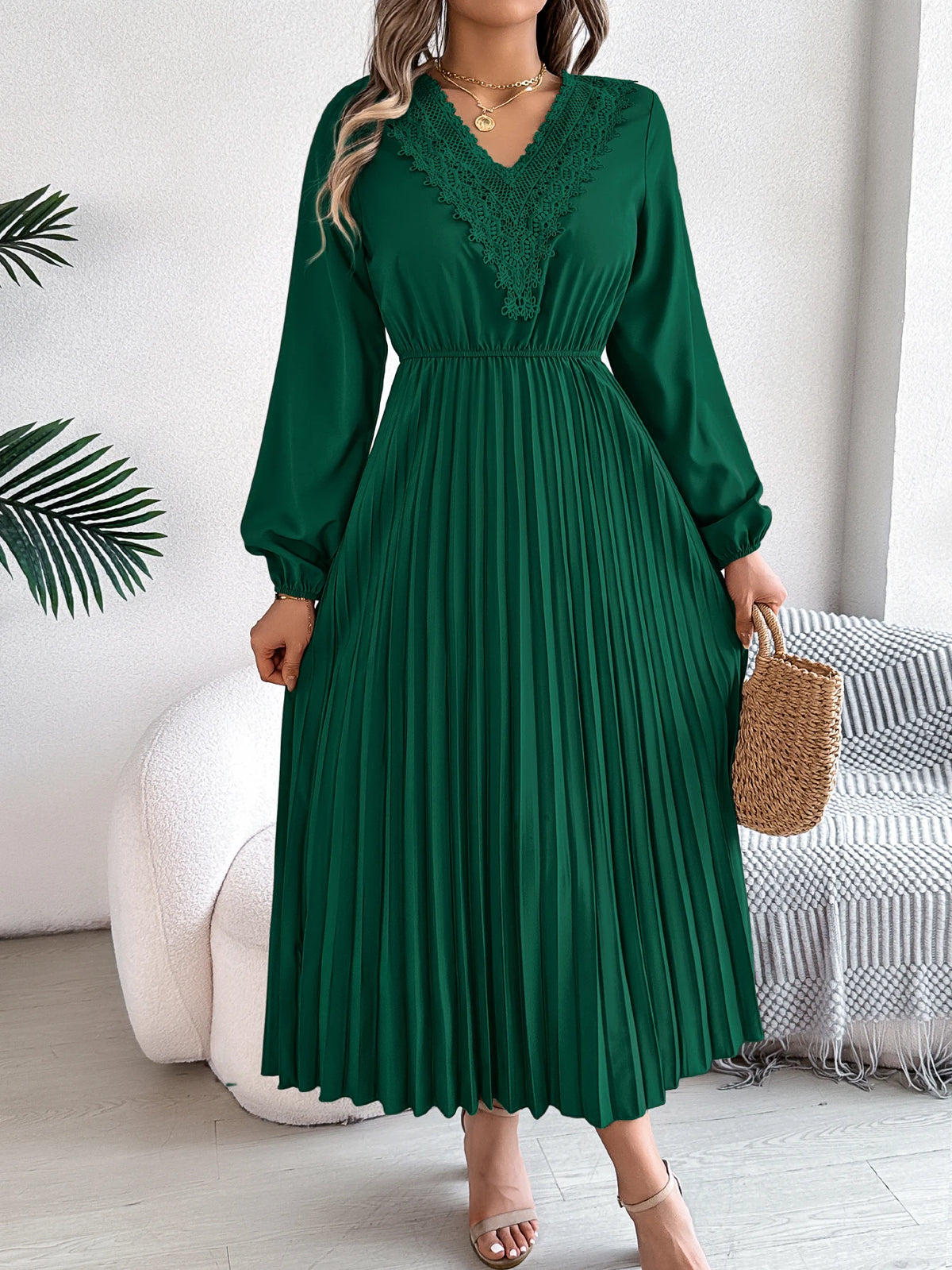 2026 Fashion Lace V Neck Lantern Long Sleeve Maxi Dress for Women Autumn Winter Casual Solid Color Pleated Dresses Khaki Red