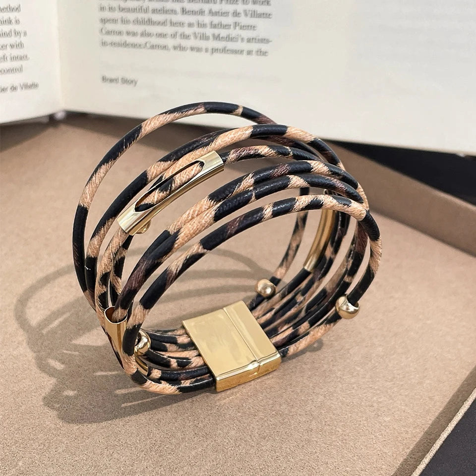 ZAKOL Retro Metal Tube Sexy Leopard Print Leather Bracelet For Men Women Boho Multi-Layer Wrapped Bracelets Charm Jewelry