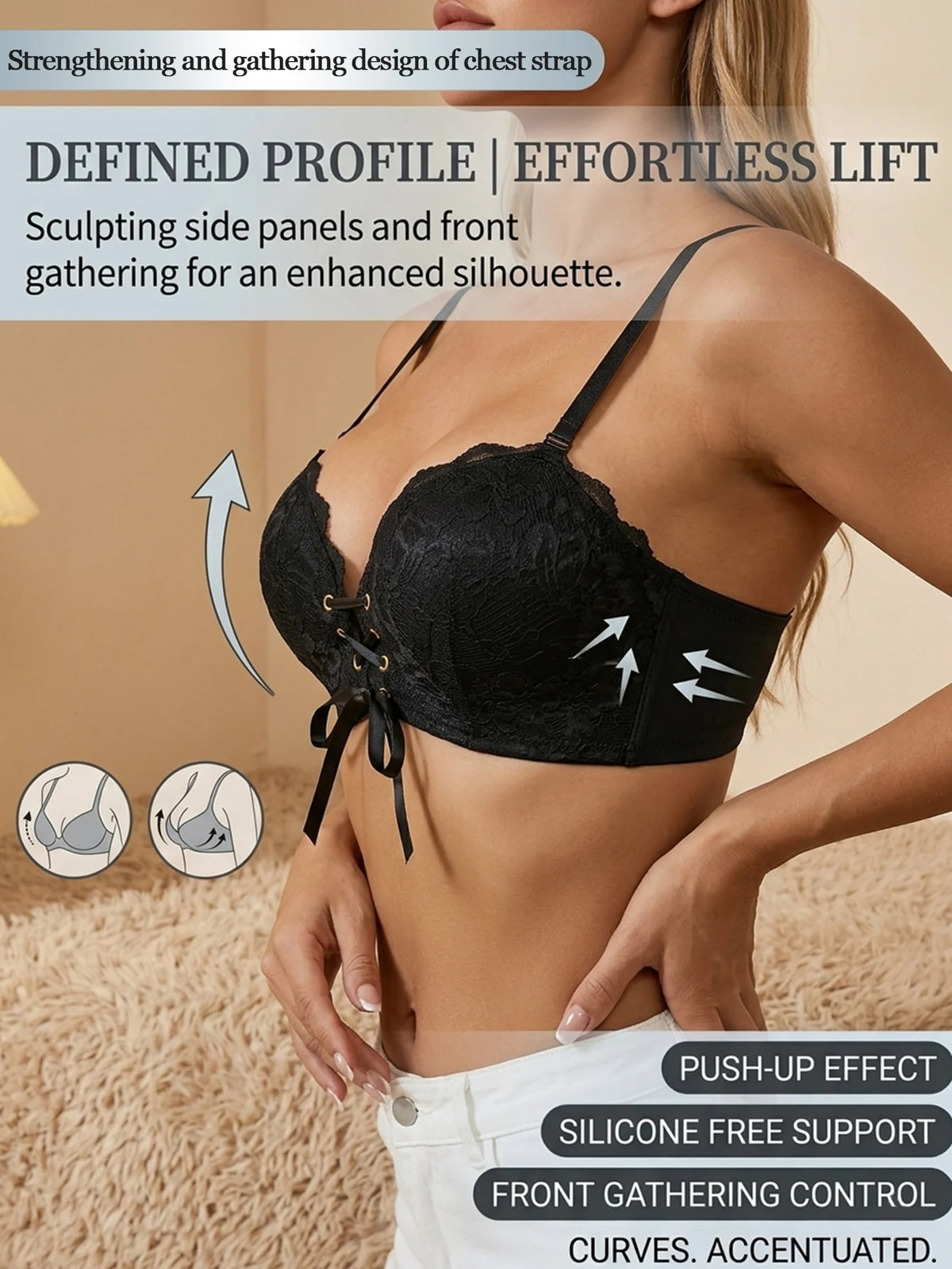 Women Lace Front Tie Push up Bra No Back Hook Seamless Bra Adjustable Straps Gather Side Fat Anti-Slip Sexy Lingerie