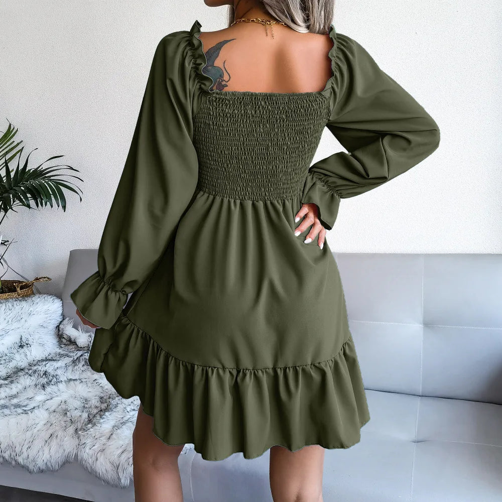 Spring Summer Casual Solid Color Square Neck Flared Long Sleeve Ruffled Dress Red Orange Green Black 2026 Fashion Woman Clothing