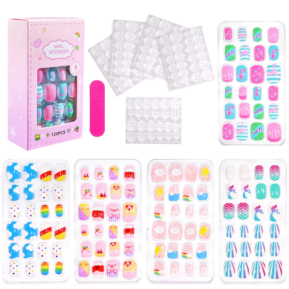 120Pcs Cartoon False Nails for Girls Kawaii Acrylic Short Square Full Cover Fake Nails Tips Kids Press on Nails with Jelly Glue