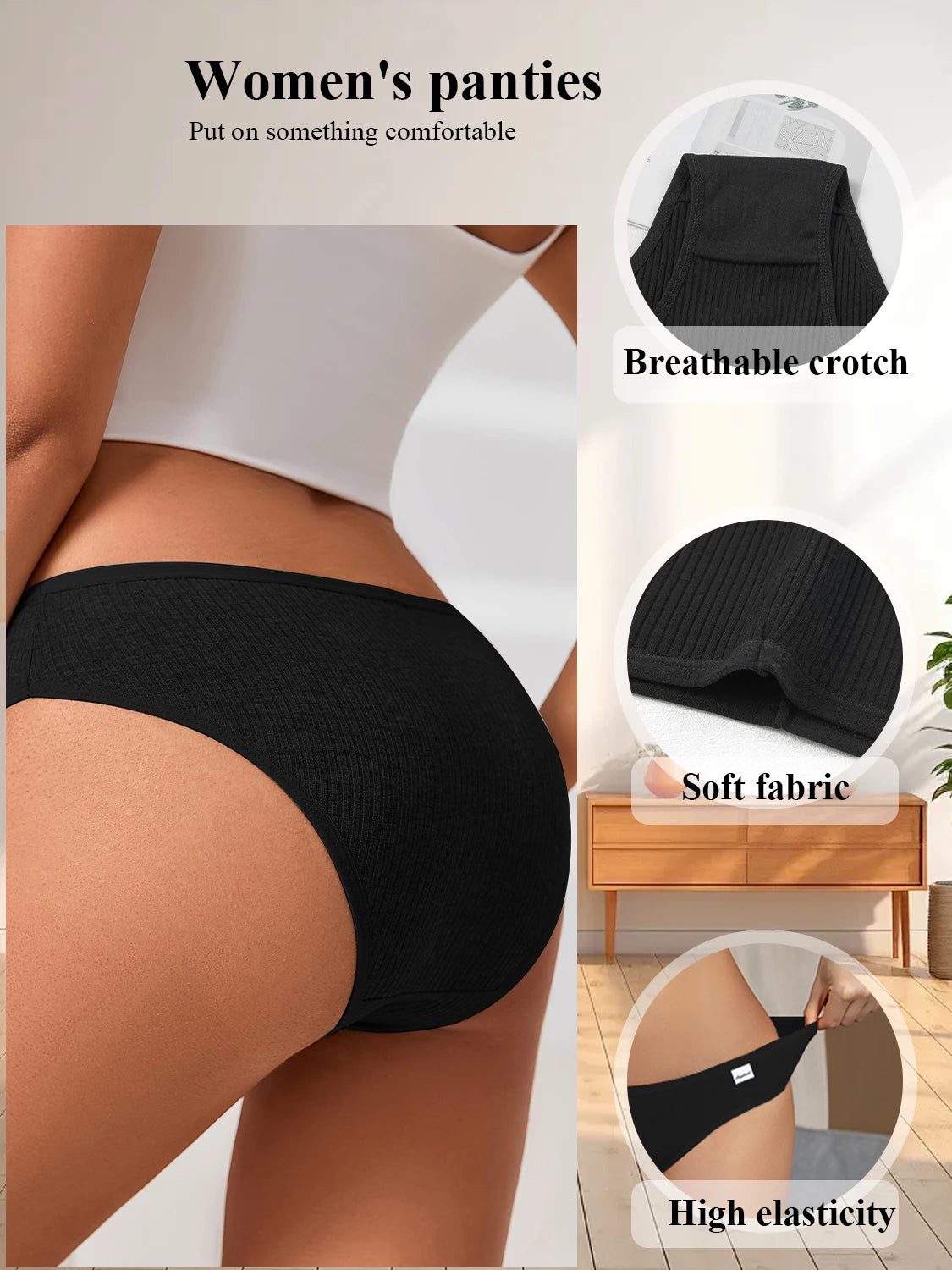 10PCS Women's Pure Cotton Panties Ribbed Briefs Low-Rise Breathable Female Soft Underwear Solid Colors Lingerie Stylish Casual