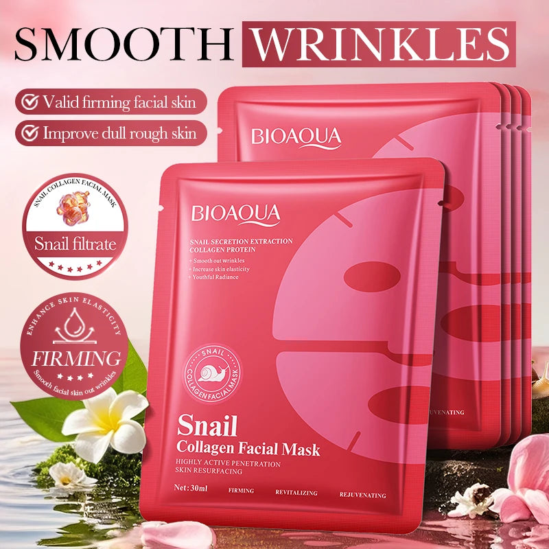 5pcs BIOAQUA Snal Collagen Facial Masks Moisturizing Anti-Wrinkle Whitening Anti-Aging Face Mask Collagen Masks Skin Care