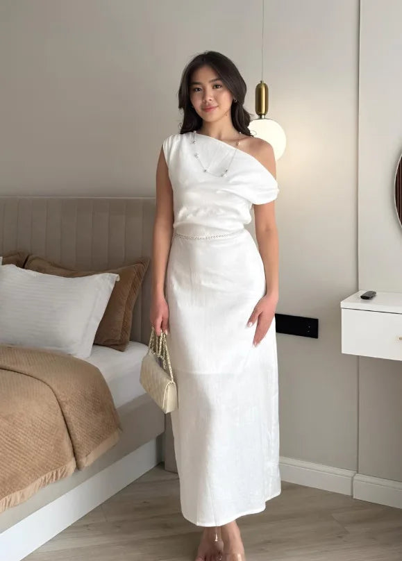 Elegant Solid One Shoulder Dresses Lady Skew Collar Waist-cinching Sleeveless Long Dress 2026 Women New Party Club Gowns