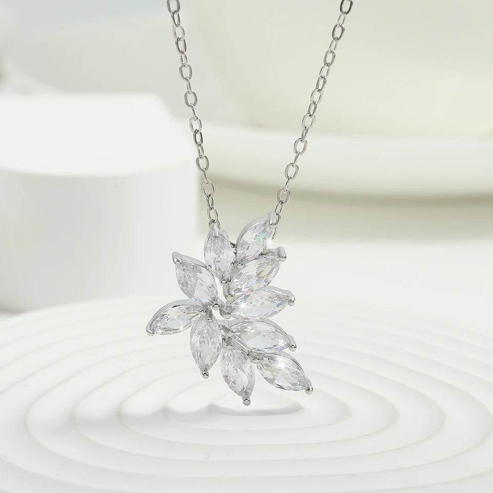 ZAKOL Sliver Color Shining Cubic Zirconia Leaf CZ Pendant Necklace Earrings Set for Women Exquisite Luxury Jewelry Set Gift