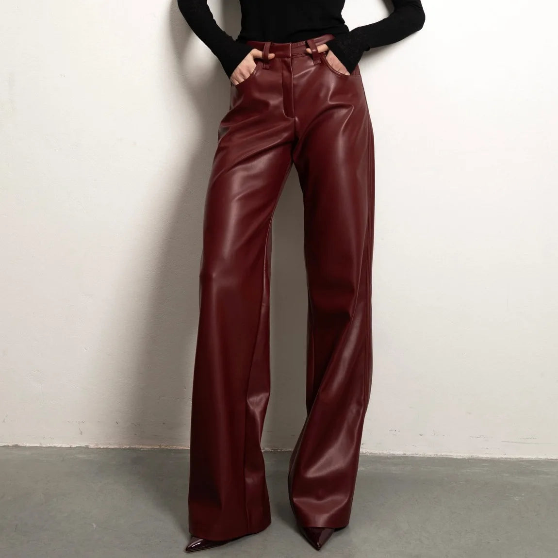 Vintage Ultra-soft PU Leather Pants High Waist Wide Leg Drape Straight-leg Slim Fit Pants 2026 Autumn Winter Streetwear