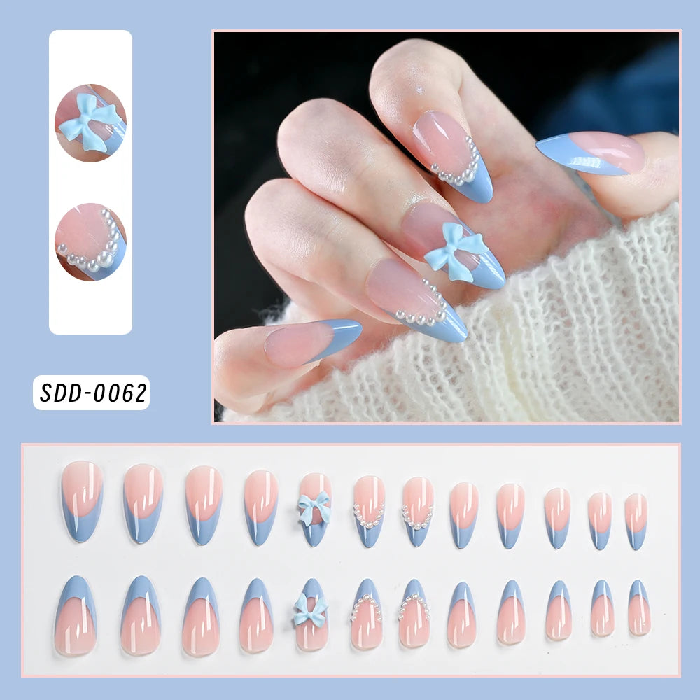24pcs Gradient Green French Wearable Press on Nails Medium Almond Spring Petal Full Cover Fake Nail Tips Floral False Nails