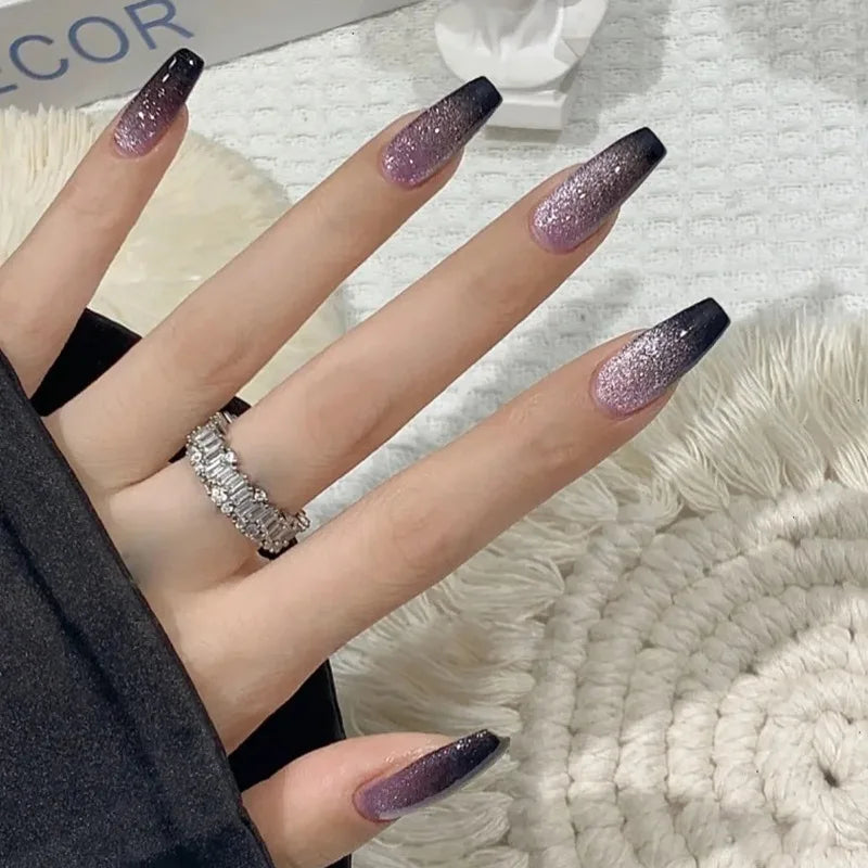 24pcs Galaxy Star Gradient Black Purple Nail Art Glitter Long Press on Nails with Charms Summer Korean Coffin False Nails Girls