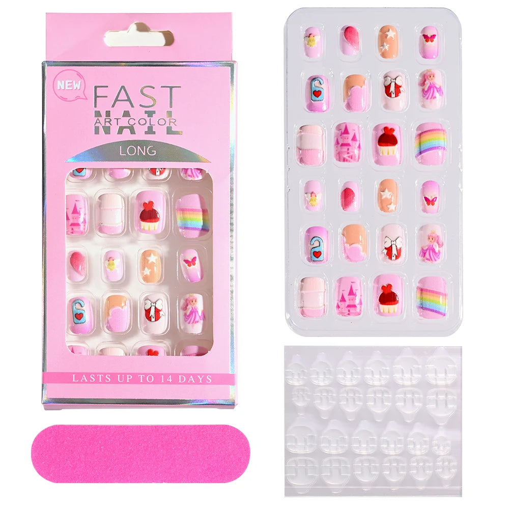 24pcs/box Candy Kids False Nail Cartoon Full Cover Press On Fake Nails Tips Kawaii Acrylic Artificial Fingernails for Girls
