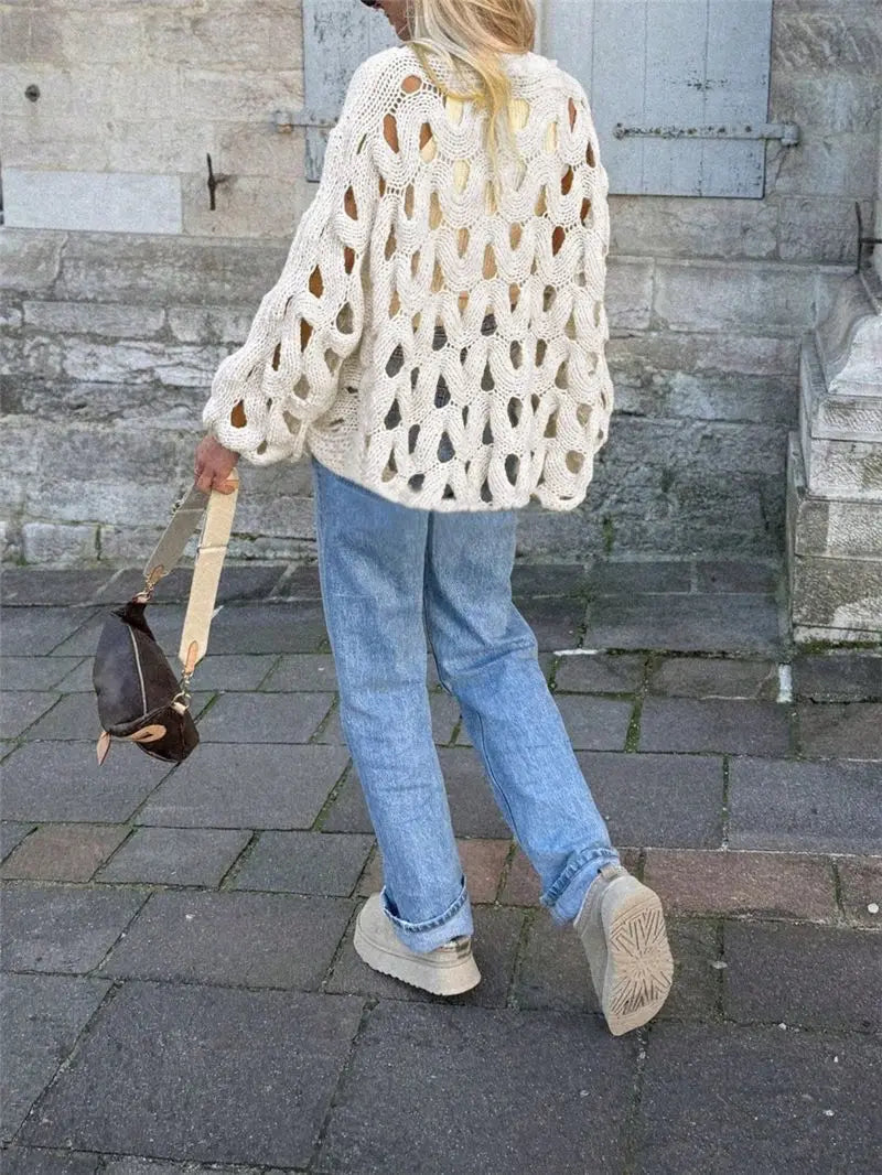 BKLD Ladies' Casual Solid Color Leisure Vacation Beach Hollow Out Crochet Long Sleeve Sweater Pullovers Knitted Tops Women