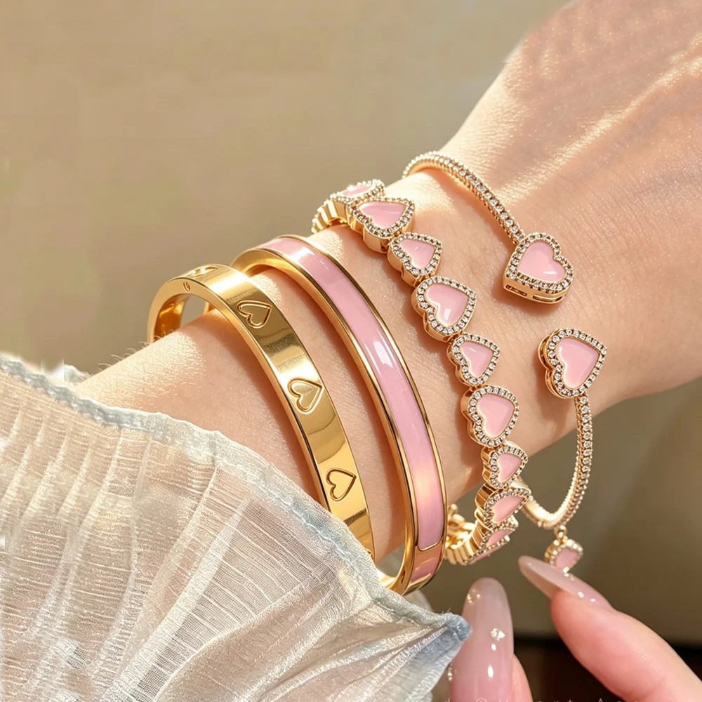 ZAKOL 4 Styles Pink Enamel Zircon Inlaid Heart Stainless Steel Copper Bracelets for Women Sweet Versatile Everyday Accessories