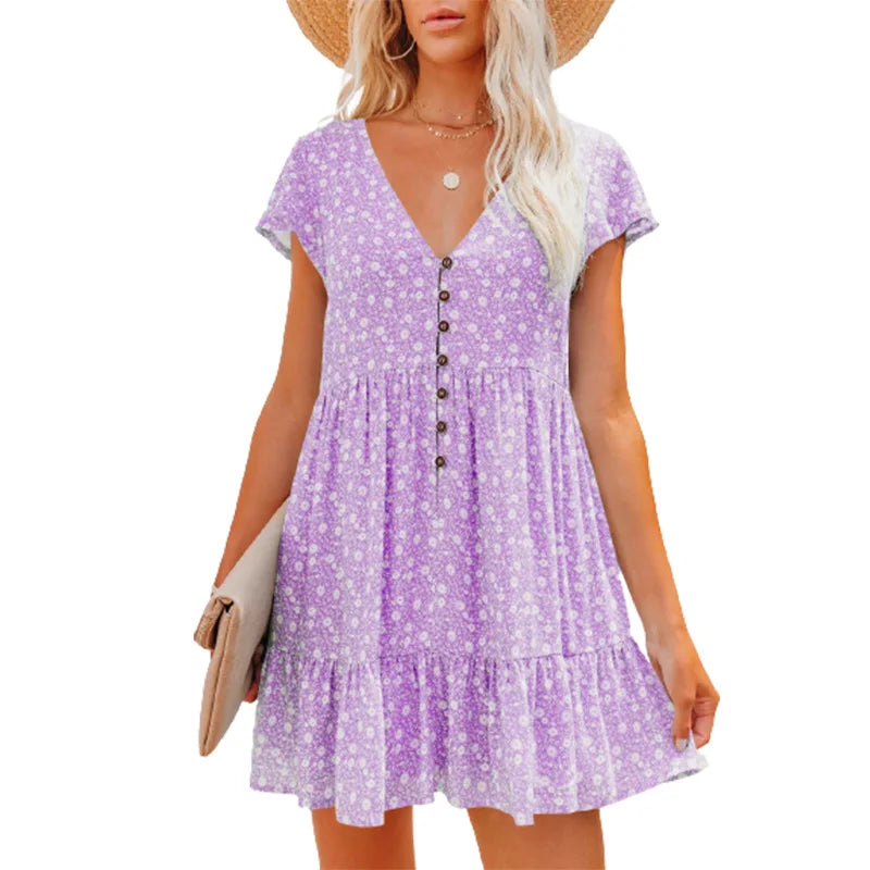 Women Summer Floral Print Short Sleeve V Neck A Line Dress Casual Boho Pleated Mini Dress Beach Party Vacation Sundress 2023