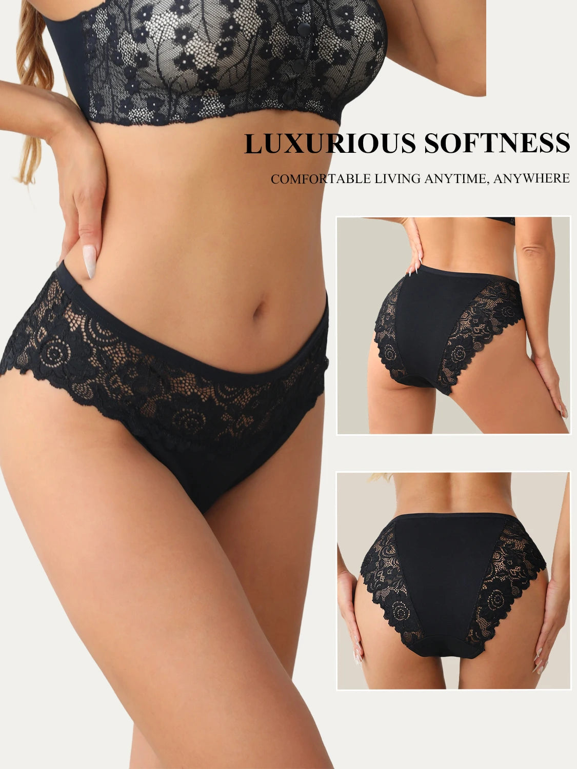 5PCS Women's Cotton Underwear Semi-Sheer Elegant Lace Floral Panties Solid Color Mid-Rise Comfortable Briefs Sexy Lingerie