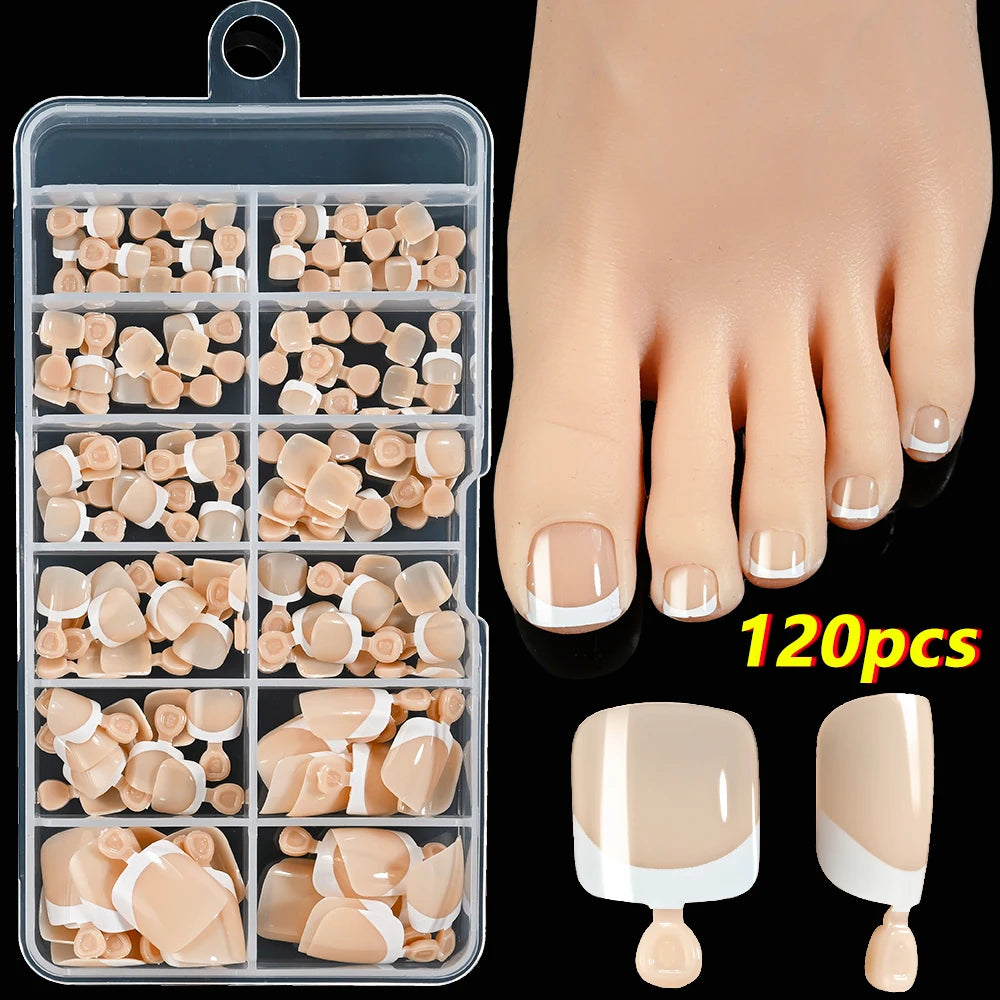 120Pcs Acrylic False Toes Nails French Short Square Pink/Nude/Brown Full Cover Fake Toenails Summer Artificial Press on Toenails