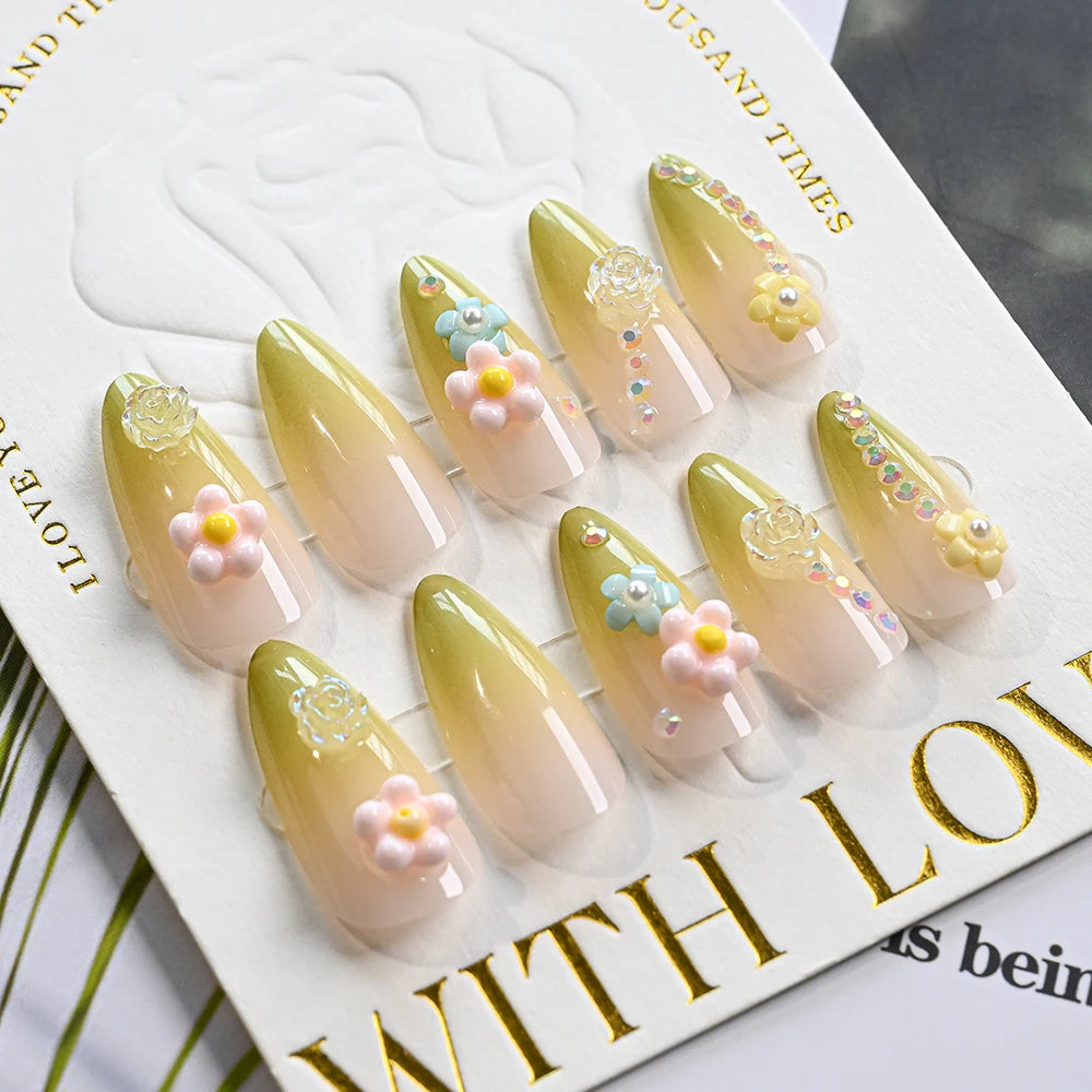 24Pcs Gradient Almond French False Nails Spring Flower Design Full Cover Fake Nails Extension Wearable Press on Nails for Women