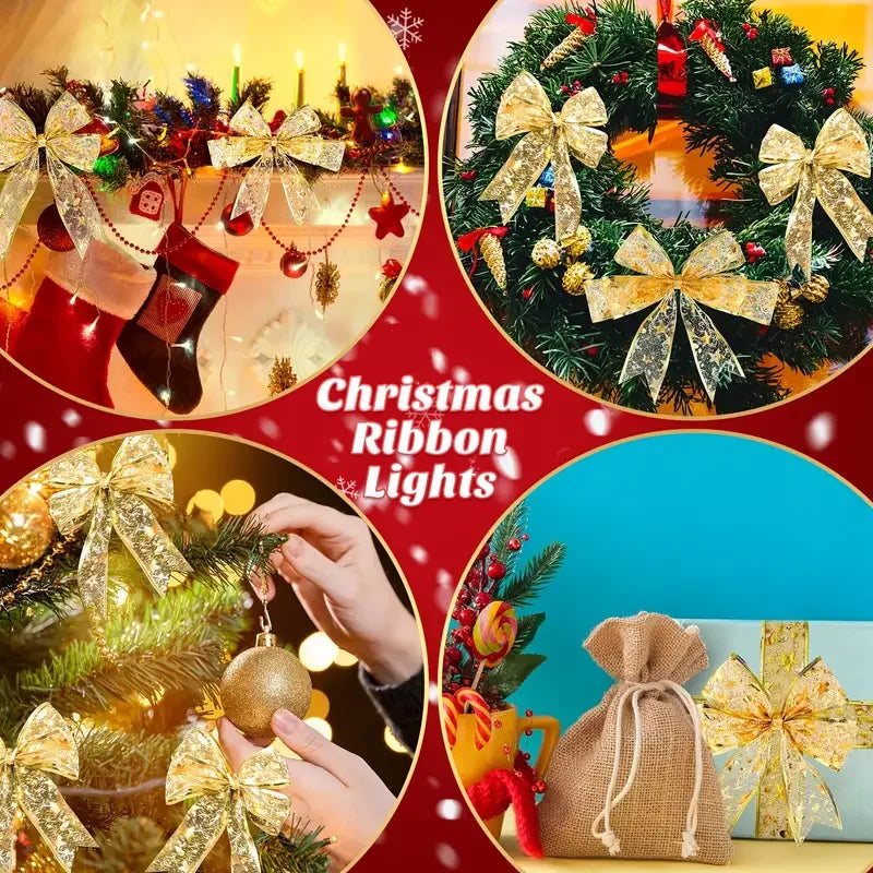 1pc Christmas Gilding Double Ribbon Christmas Ribbon LED String Lights Christmas Decorations Party Decorations Christmas Pendant