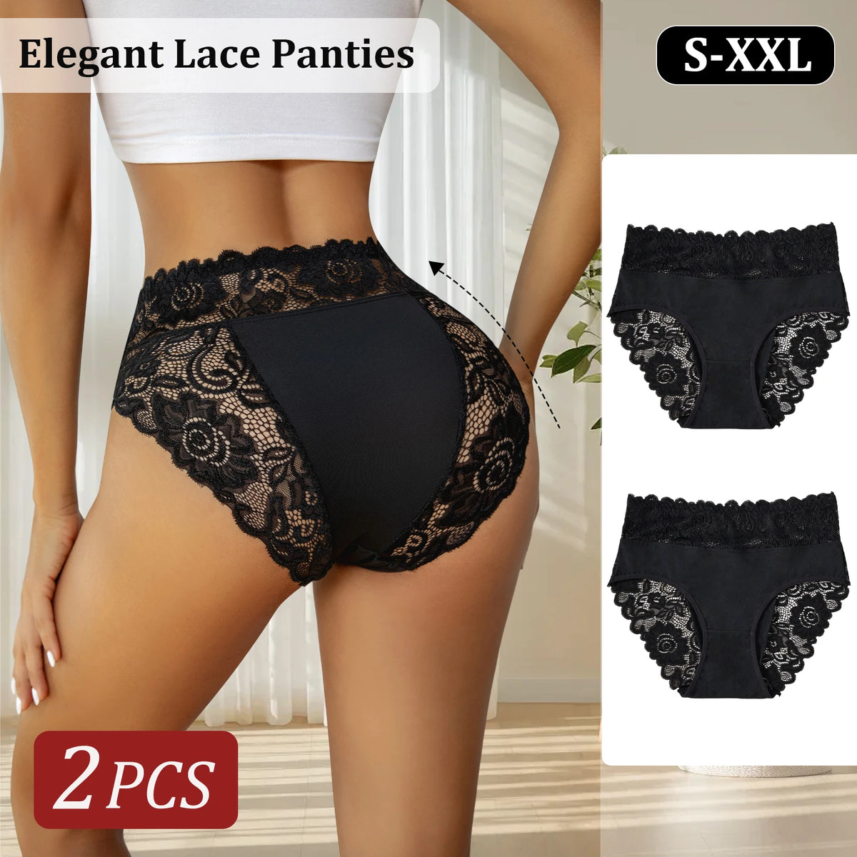 2PCS Black Women's Panties Luxury Lace Floral Hollow Out Sexy Underwear High Waist Briefs Lingerie S-XXL for Timeless Femininity