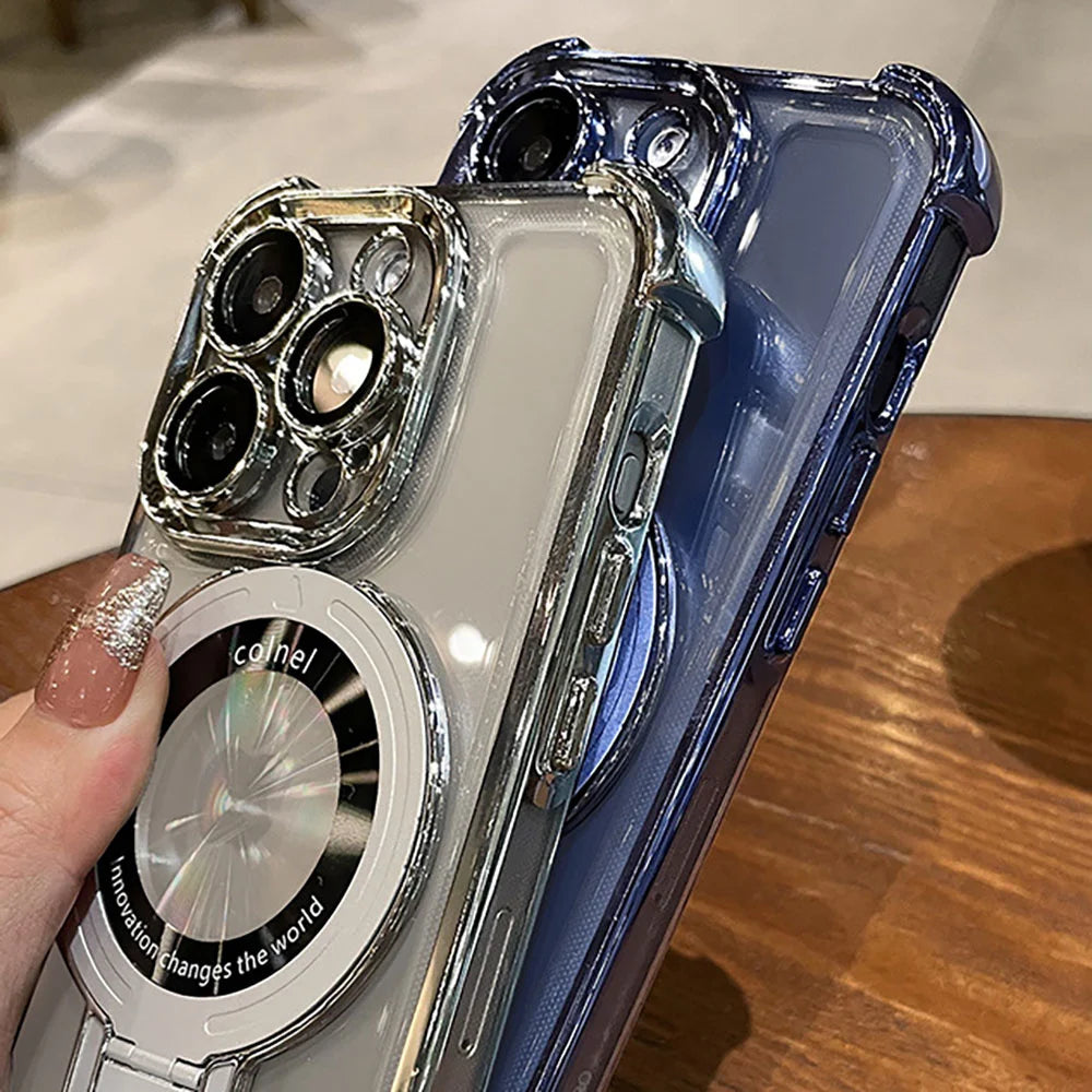 Luxury Plating Shockproof Magnetic Bracket For Magsafe Clear Case For iPhone 16 15 14 13 12 11 Pro Max With Holder Stand Cover