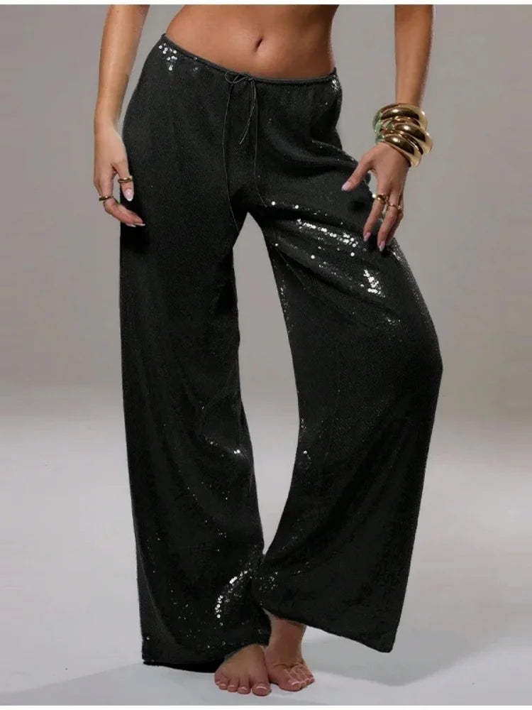 Summer Vacation Y2k Women's Sequined Pants Lady Chic High-Waist Lace Up Loose Fit Straight Mop Trouser Female Casual Streetwear