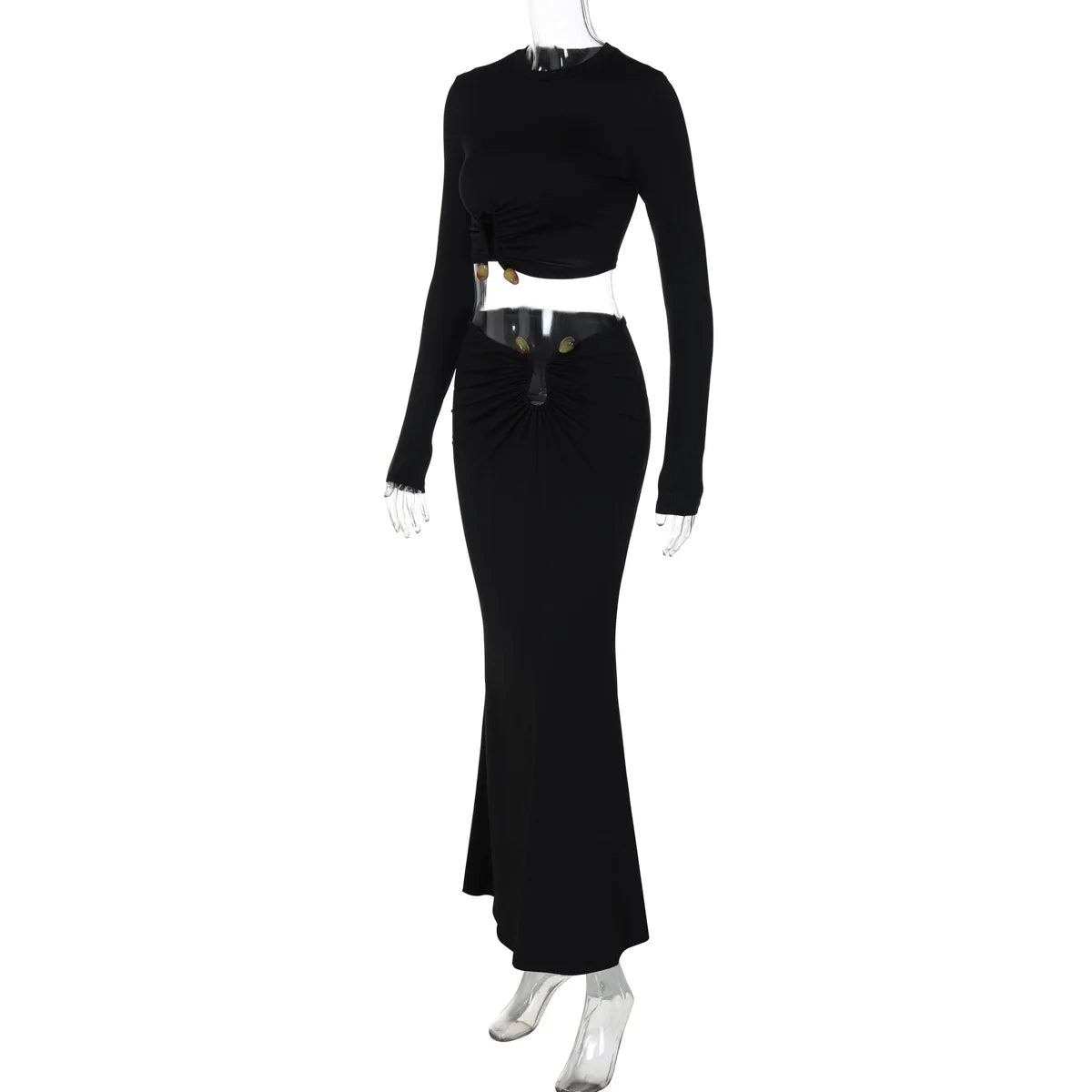 BKLD Women Clothing 2026 Autumn And Winter New Fashion Hollow Out Long Sleeve Crop Tops Slim Fit Skirt Set Two Piece Outfits