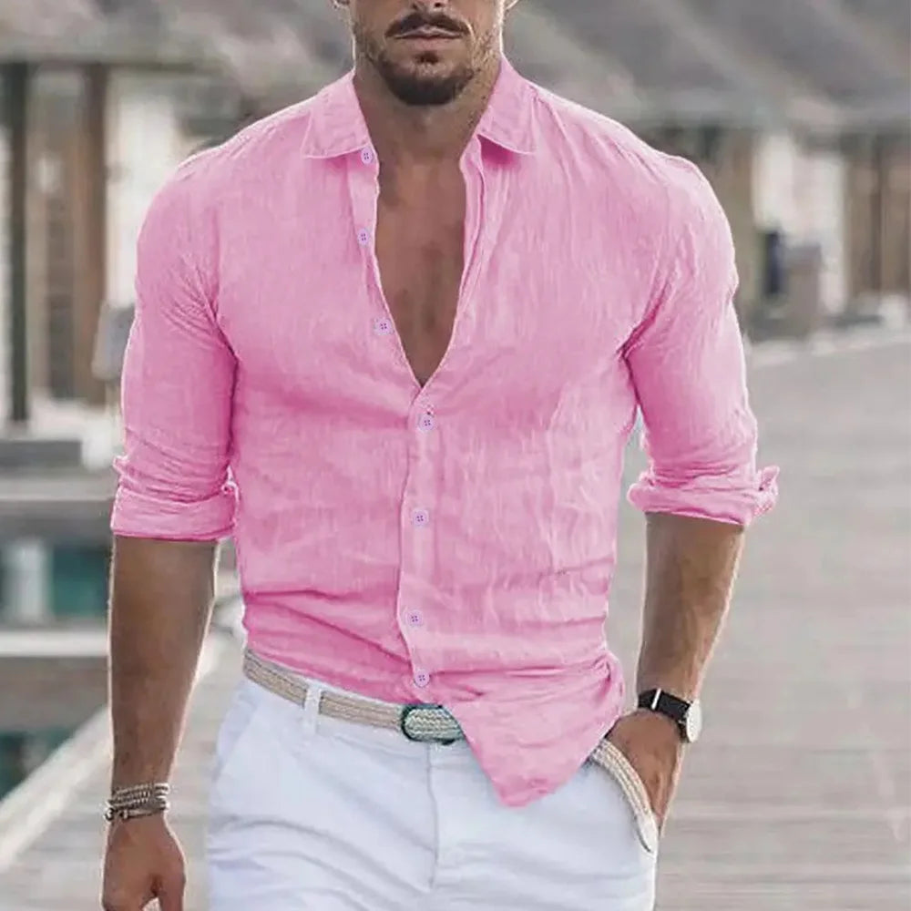 New Men's Shirt Cotton linen Fashion Casual Polo Neck Beach Shirt Long Sleeve Solid Hawaiian Holiday Shirts