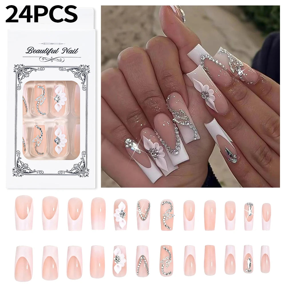 24Pcs Long Coffin French False Nails with Flower Butterfly Design Acrylic Full Cover Fake Nails Tips for Women Press On Nails