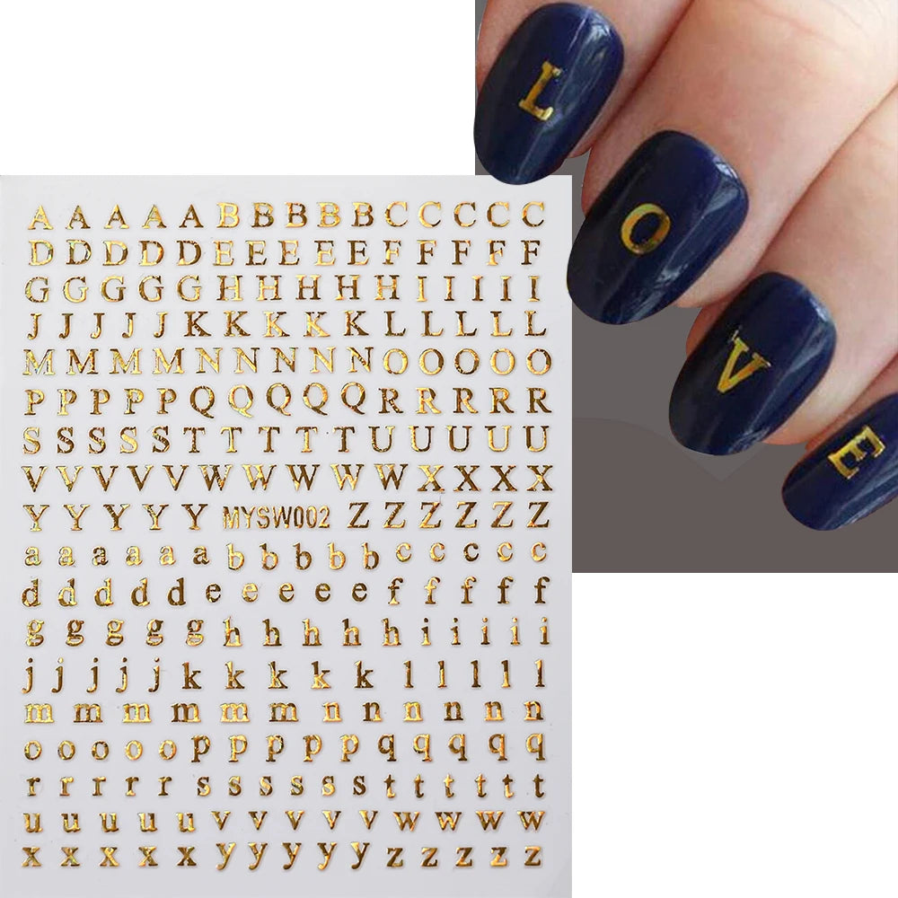 1pc Gold Silver English Letter Nail Sticker Black Laser 3D Alphabet Self Adhesive Decal English Words DIY Slider Manicure Decor