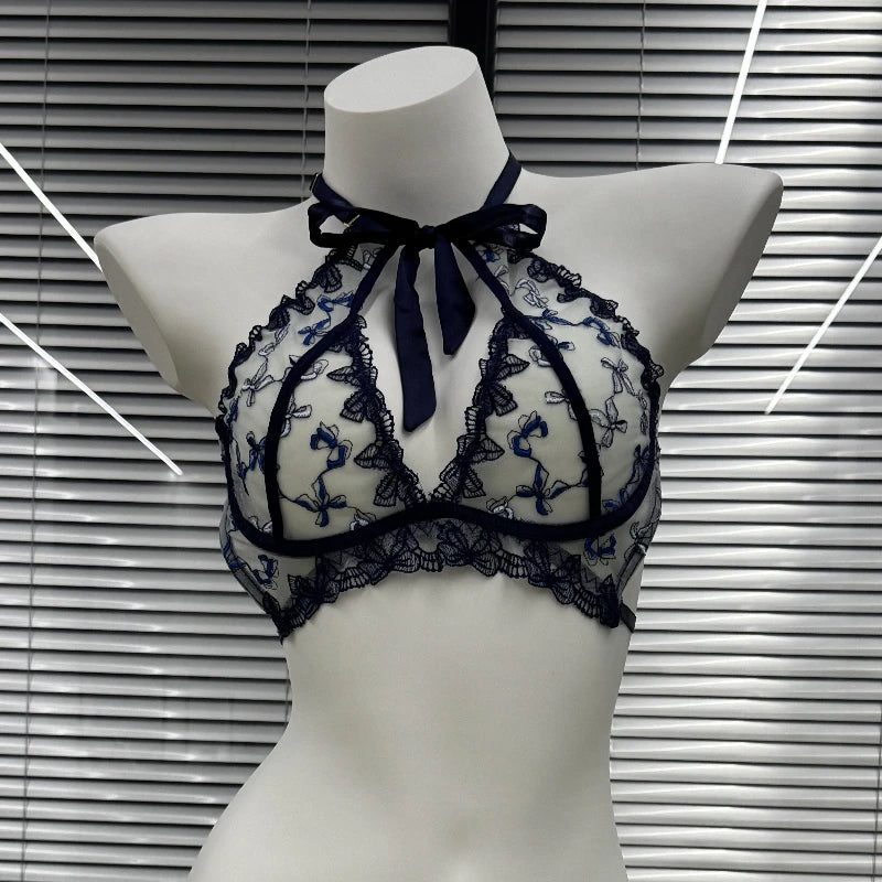 Women's Embroidered Ribbon Bow Bralette & Panty Set, Butterfly Mambo Pure Desire Wireless Comfort Bra for Daily Wear MOYISU Sexy