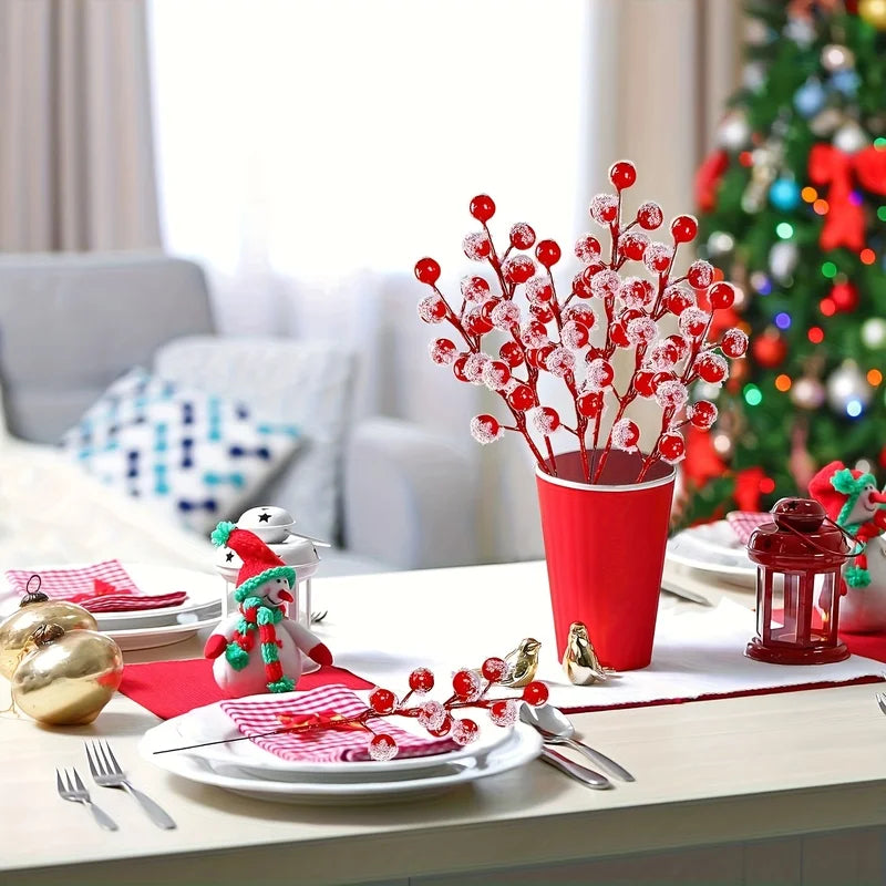 24 artificial red berries branches with snow frost branches - for Christmas trees, garlands,DIY, crafts,Christmas gift packaging