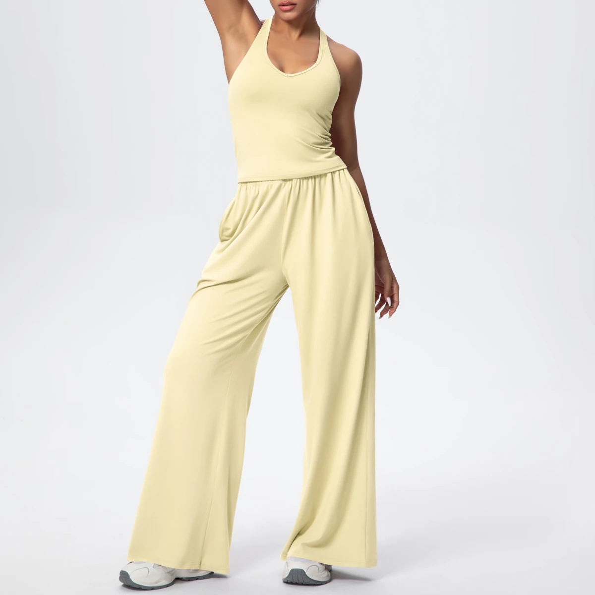 Breathable Loose Wide Leg Pants and Yoga Vest Set Solid Color High Stretch Pockets Pants Beautiful Back T-shaped Vest Yoga Suit