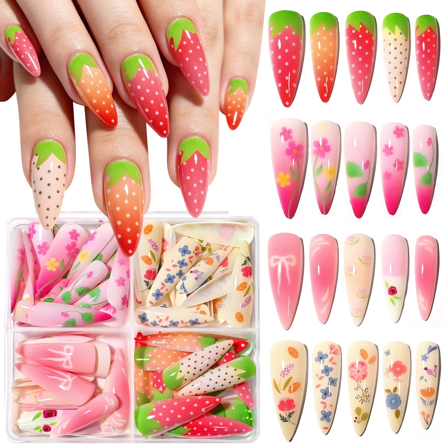 96pcs Gradient Pink Strawberry Design Long Almond False Nails Full Cover Fake Nails Tips Extension Floral Bow Press on Nails