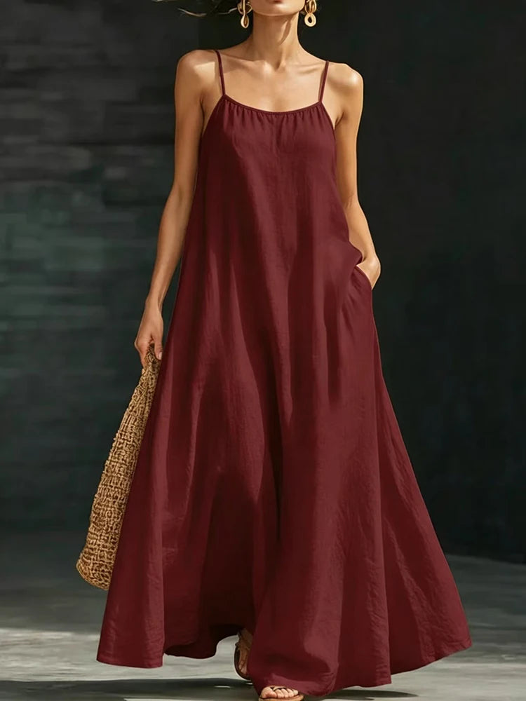 Women Linen Spaghetti Strap Maxi Dress V Neck Loose Swing Long Dress With Pockets Casual Summer Beach Vacation Sundress Ladies