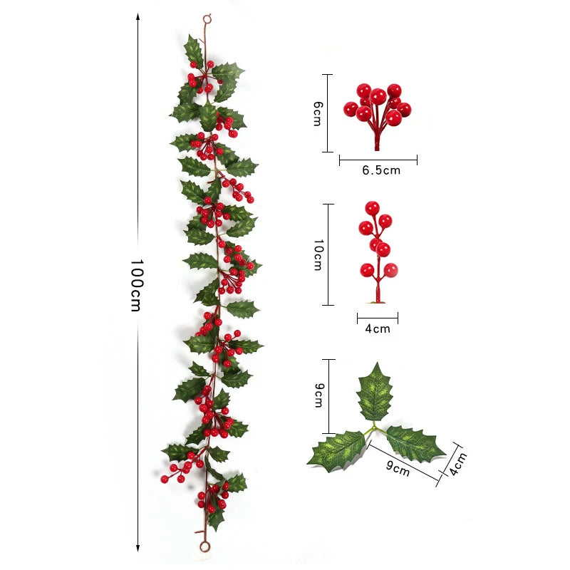 4Pcs 100cm Artificial Holly Berry Garland, Bendable Green Holly Leaf Red Berry Vine, Christmas Mantel Arch Stair Hanging Rattan