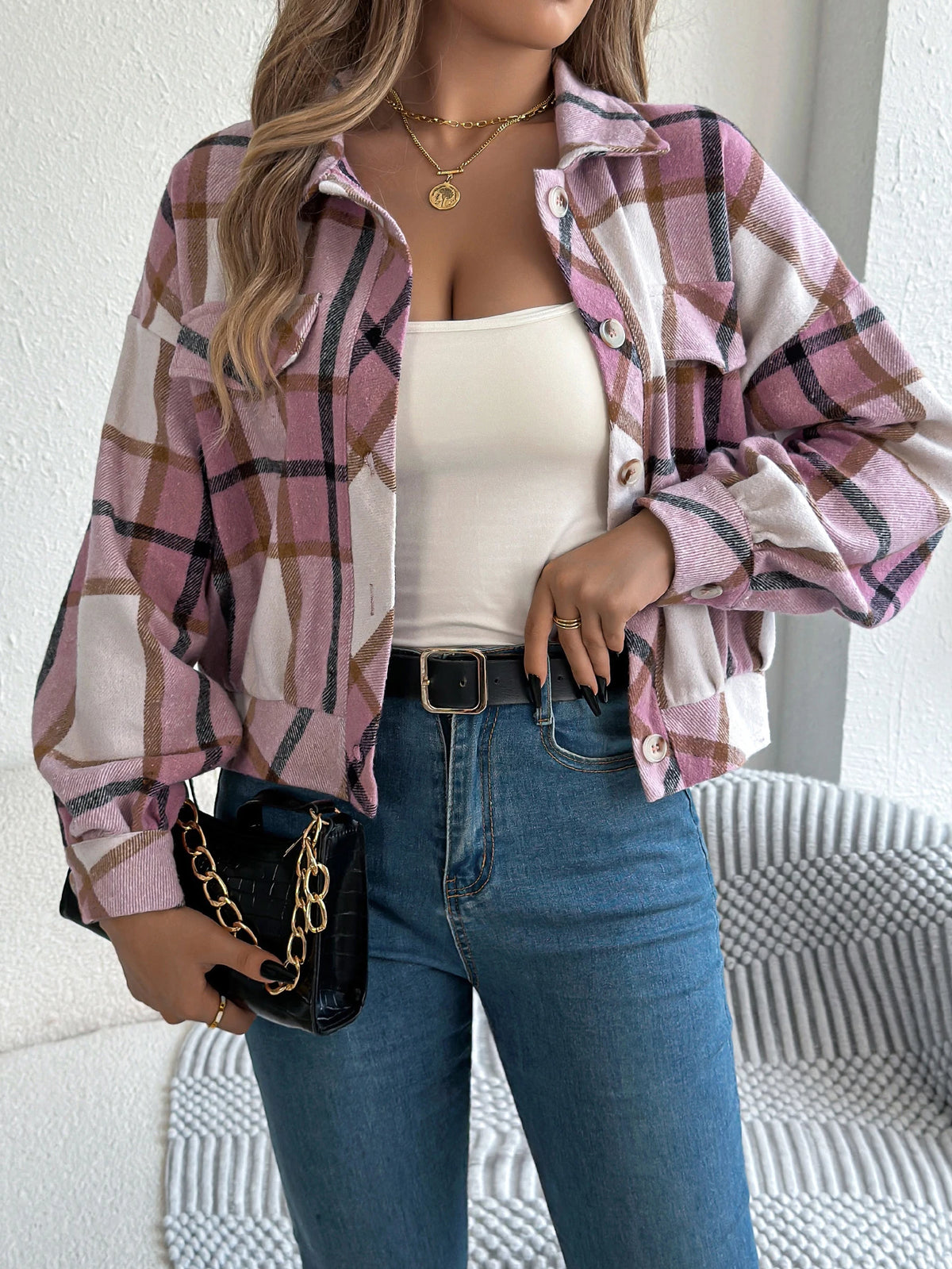 Autumn Winter Casual Plaid Cropped Jacket Lapel Lantern Long Sleeve Single Breasted Woolen Jacket 2026 Fashion Women Clothes