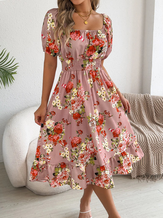 Elegant Floral Print Dresses for Women 2026 Spring Summer Casual Square Neck Short Sleeve Waist Cinching A Line Ruffled Dress